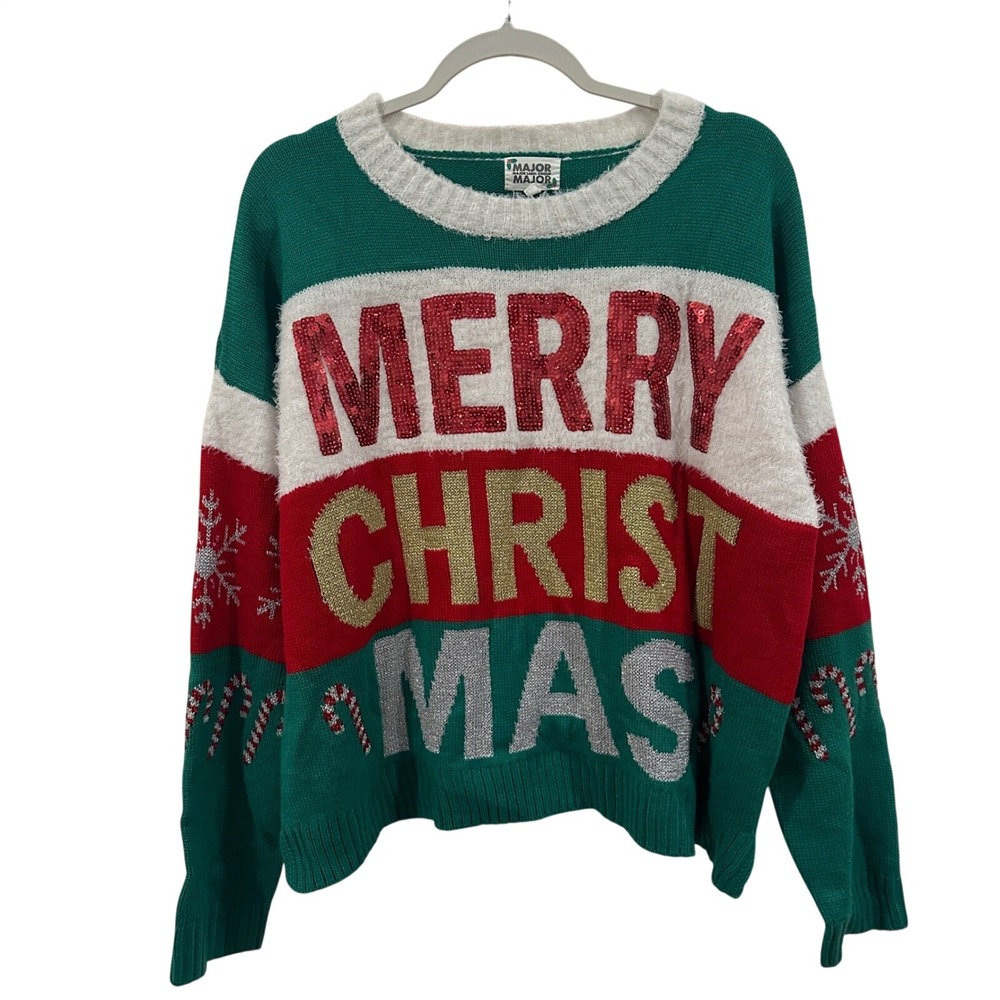 Major Label Group Women's Merry Christmas Sequin Fuzzy Ugly Christmas Sweater XL